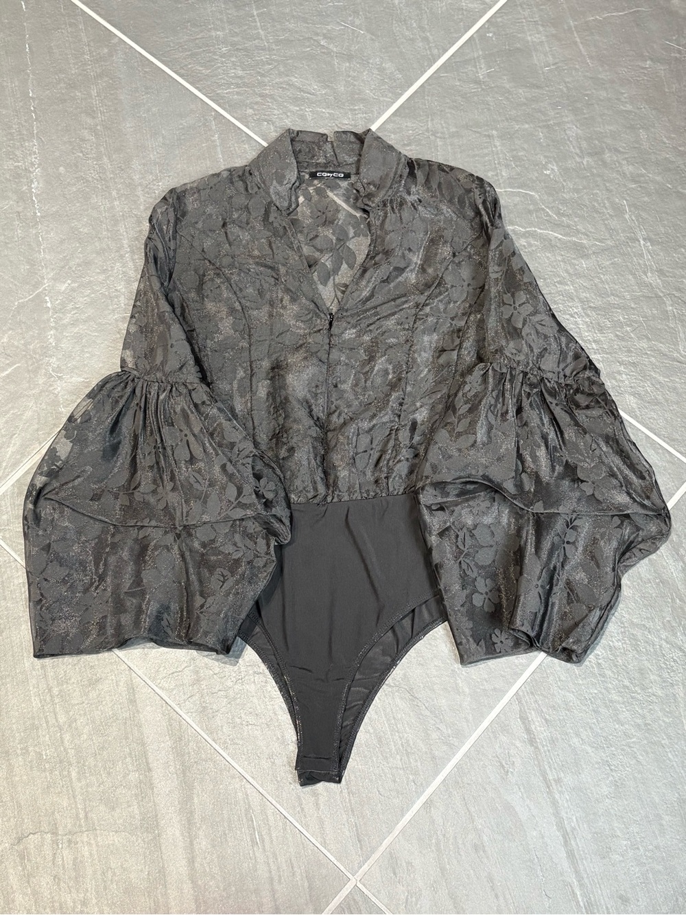 Sheer Lantern Sleeve Bodysuit Black Floral Large CQ by CQ